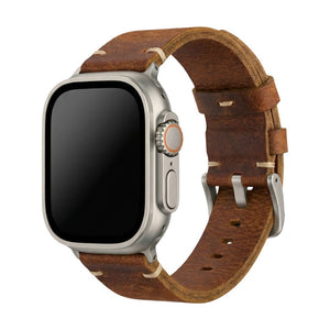 Armband für Apple Watch aus dickem Leder, authentischer Stil, sichtbare Nähte, Verschluss aus Stahl, für Smartwatch, Modell Petrus