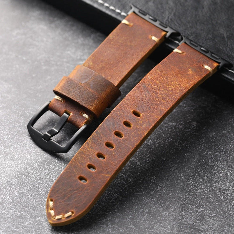 Armband für Apple Watch aus dickem Leder, authentischer Stil, sichtbare Nähte, Verschluss aus Stahl, für Smartwatch, Modell Petrus