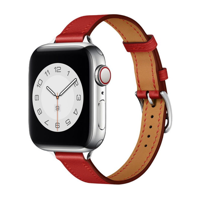 Bracelet en cuir rouge avec couture contrastée, boucle argentée, style raffiné pour Apple Watch.