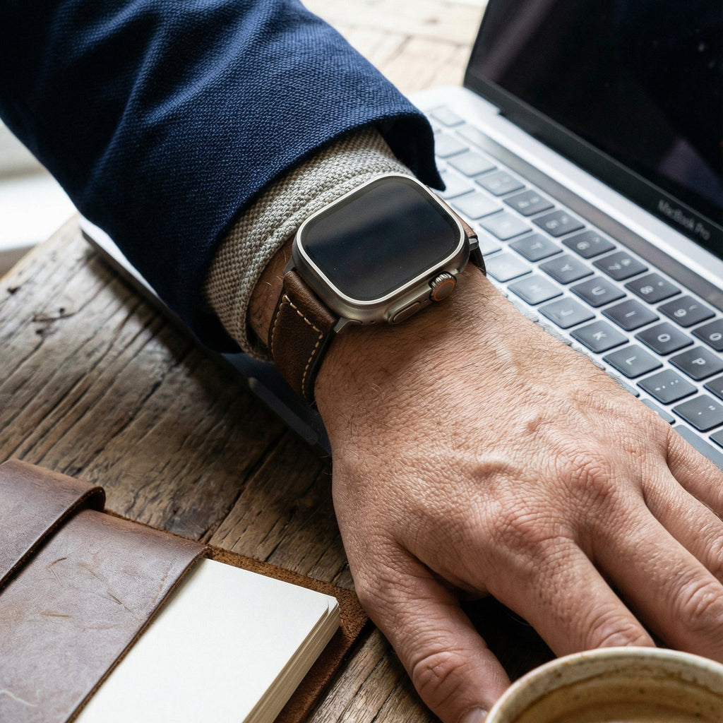 Pulsera para Apple Watch de cuero marrón vintage, textura natural envejecida, sujeción cómoda, hebilla de acero negra o plateada, modelo Octave