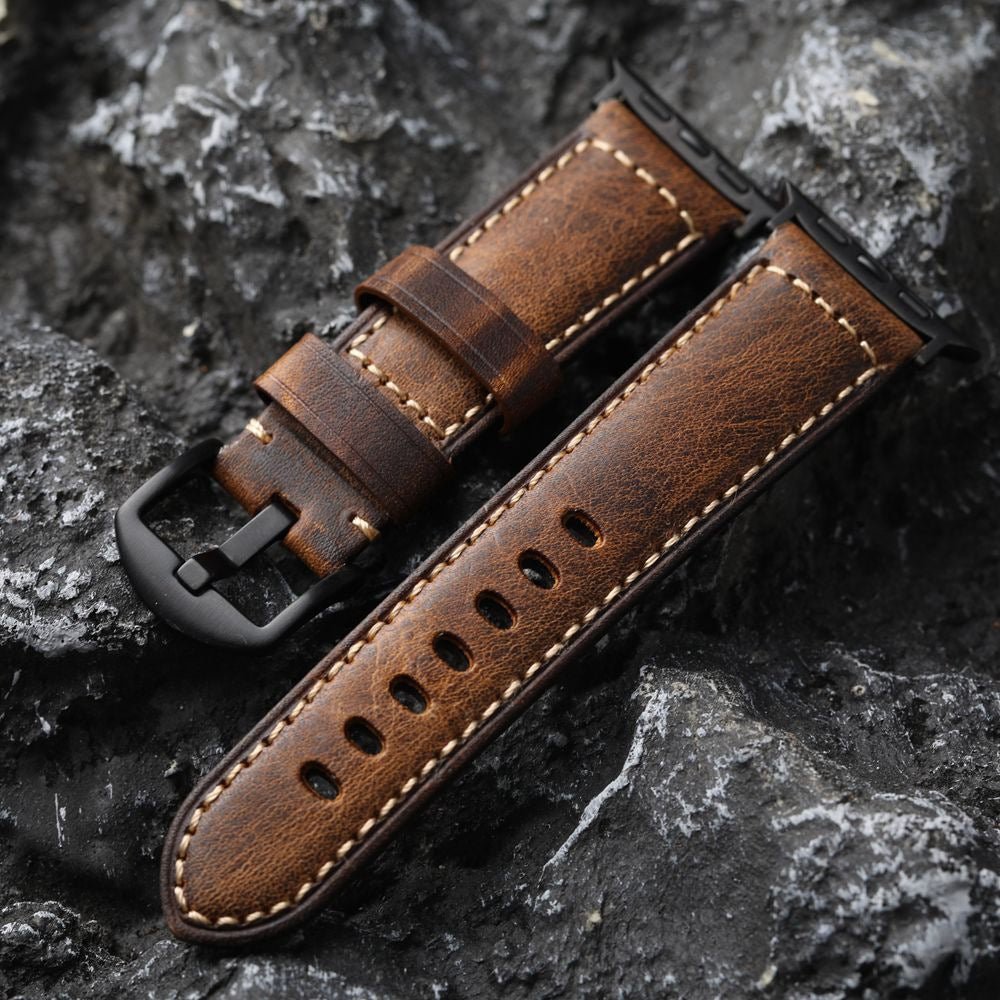 Pulsera para Apple Watch de cuero marrón vintage, textura natural envejecida, sujeción cómoda, hebilla de acero negra o plateada, modelo Octave