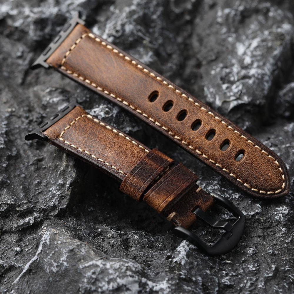 Pulsera para Apple Watch de cuero marrón vintage, textura natural envejecida, sujeción cómoda, hebilla de acero negra o plateada, modelo Octave