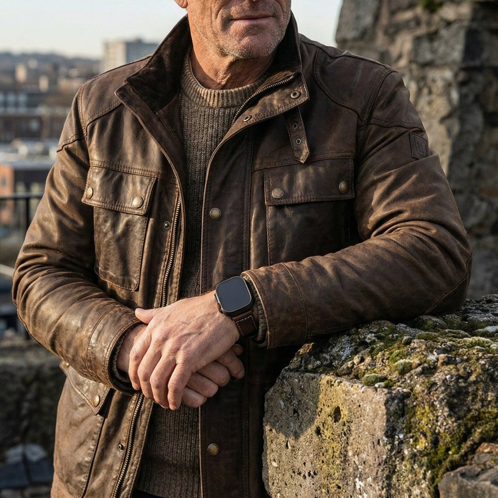 Pulsera para Apple Watch de cuero marrón vintage, textura natural envejecida, sujeción cómoda, hebilla de acero negra o plateada, modelo Octave