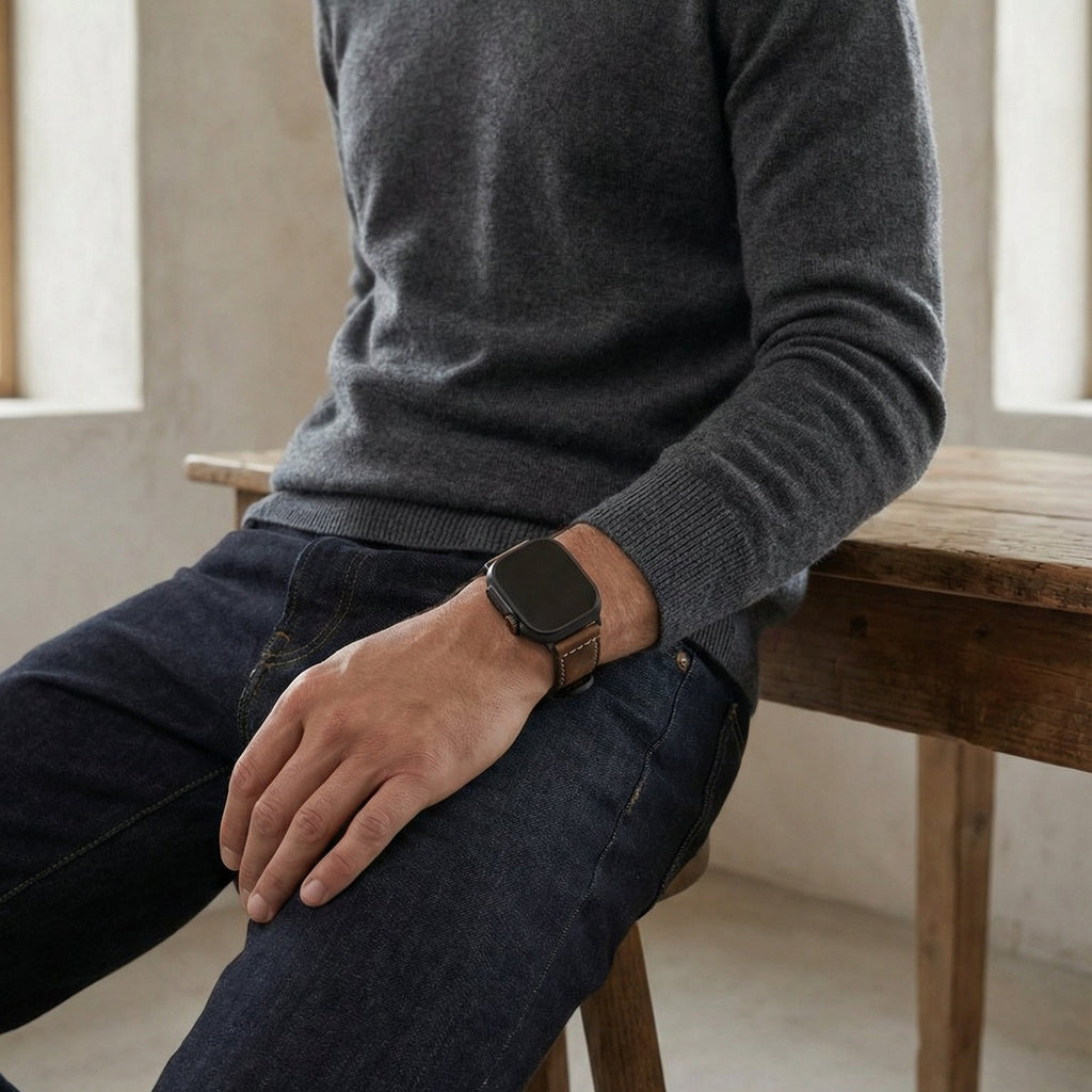 Pulsera para Apple Watch de cuero marrón vintage, textura natural envejecida, sujeción cómoda, hebilla de acero negra o plateada, modelo Octave