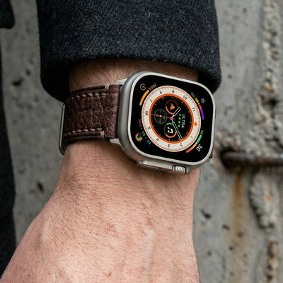 Bracelet Apple Watch en cuir véritable texturé, coutures apparentes, boucle acier inoxydable, modèle Claudio