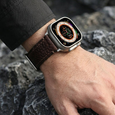 Bracelet Apple Watch en cuir véritable texturé, coutures apparentes, boucle acier inoxydable, modèle Claudio