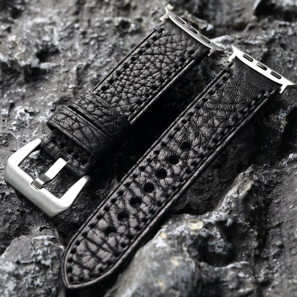 Bracelet Apple Watch en cuir véritable texturé, coutures apparentes, boucle acier inoxydable, modèle Claudio