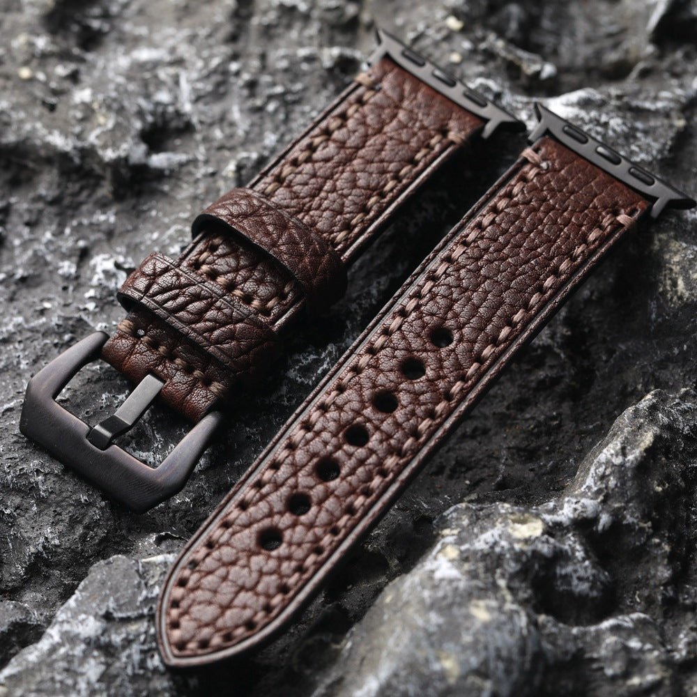 Bracelet Apple Watch en cuir véritable texturé, coutures apparentes, boucle acier inoxydable, modèle Claudio