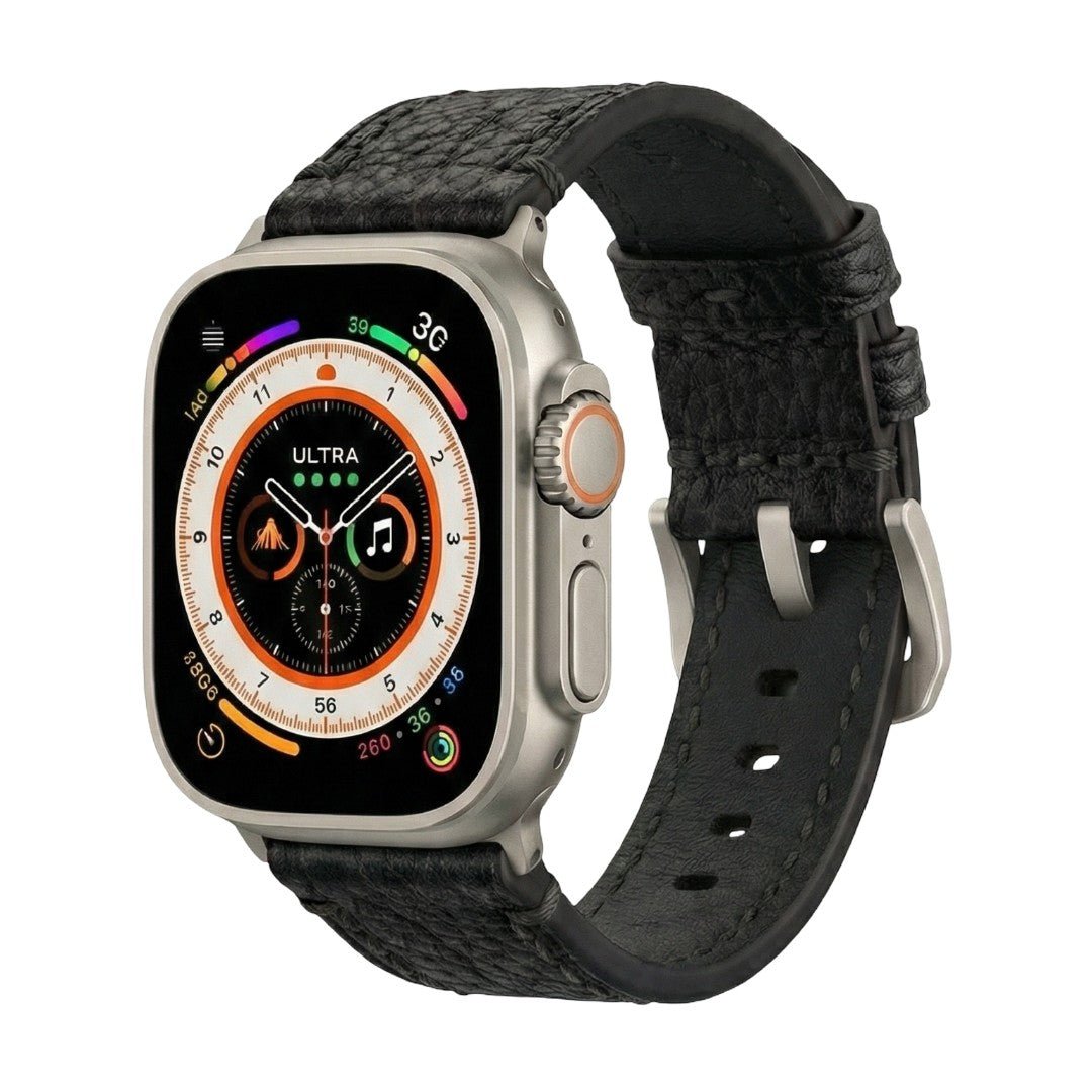 Natural leather bracelet for Apple Watch, hand-stitched finish, thick textured leather, sturdy steel clasp, Claudio model