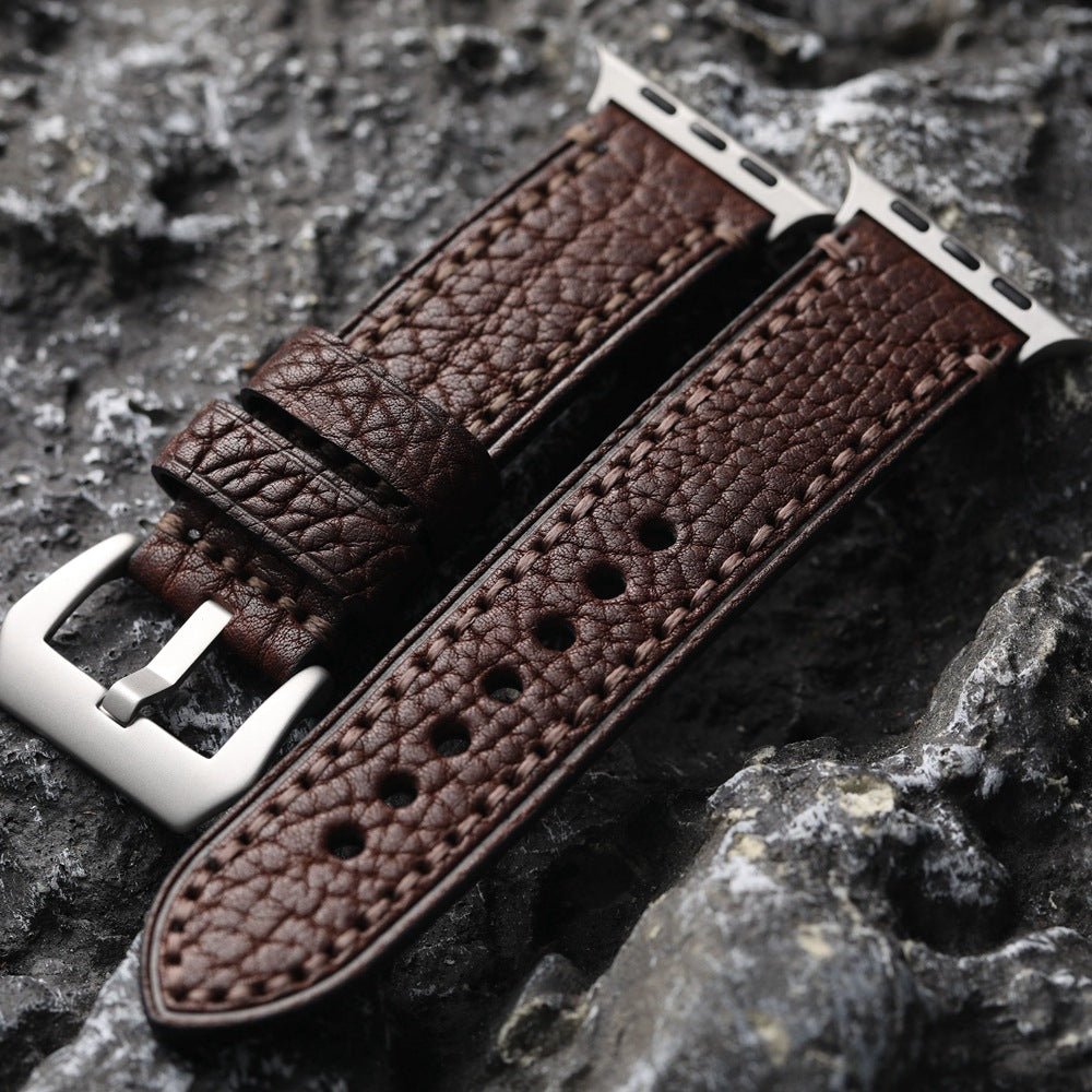 Bracelet Apple Watch en cuir véritable texturé, coutures apparentes, boucle acier inoxydable, modèle Claudio