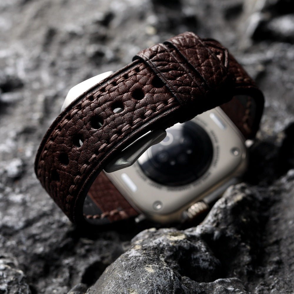 Bracelet Apple Watch en cuir véritable texturé, coutures apparentes, boucle acier inoxydable, modèle Claudio