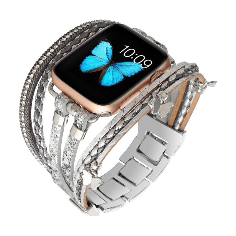 Bracelet Apple Watch cuir gris multi-rangs tressé et lisse avec strass brillants, fermoir boucle métal argenté.