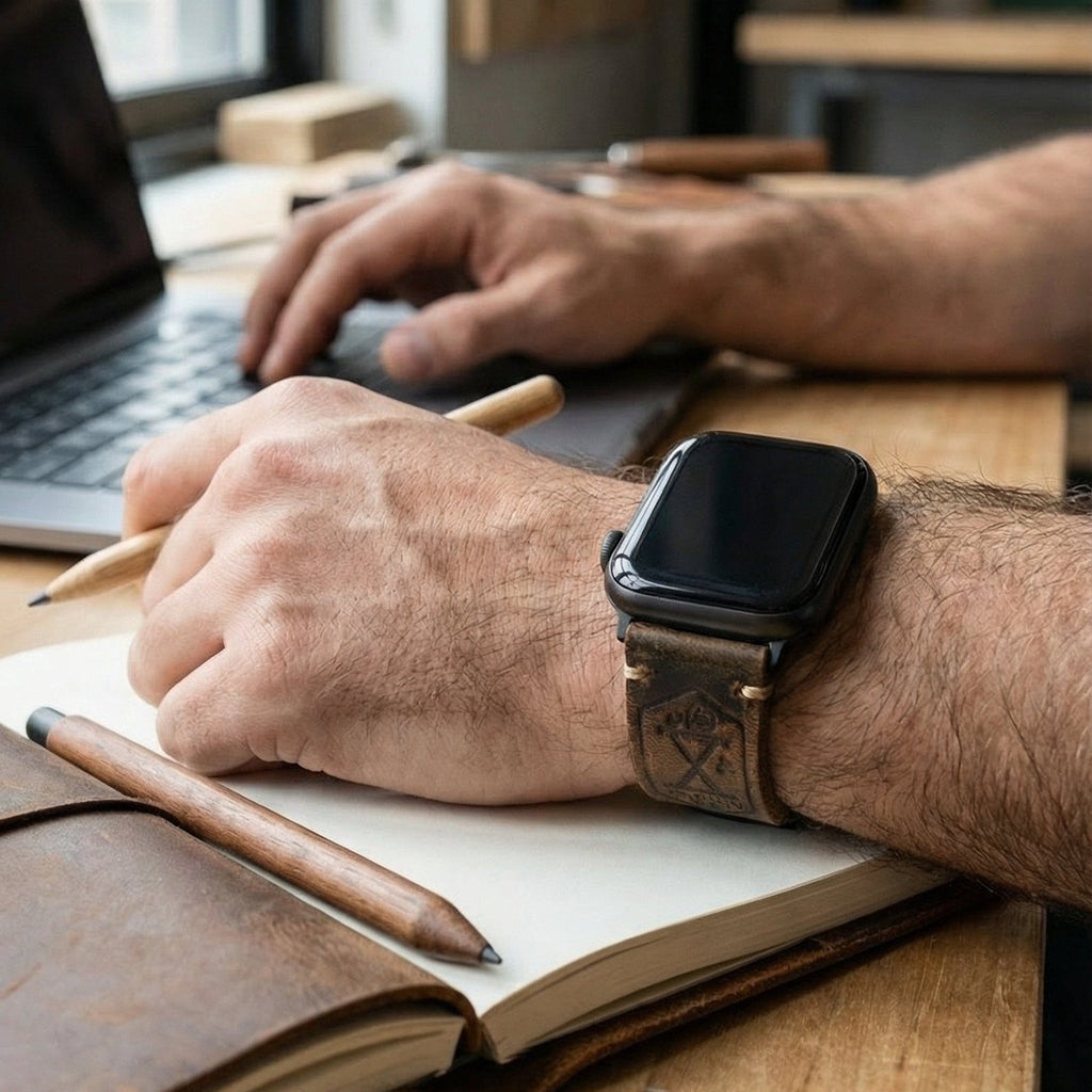 Full-grain leather Apple Watch bracelet, sturdy vintage finish, steel clasp, secure and comfortable fit, Anclède model