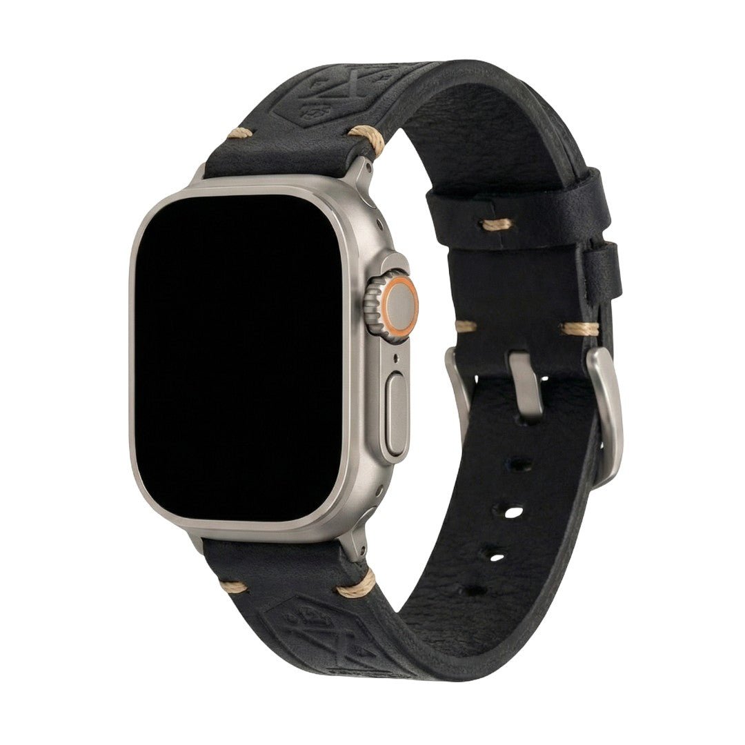 Full-grain leather Apple Watch bracelet, sturdy vintage finish, steel clasp, secure and comfortable fit, Anclède model