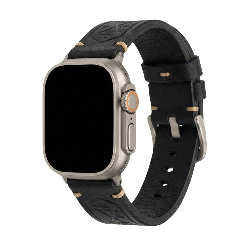 Full-grain leather Apple Watch bracelet, sturdy vintage finish, steel clasp, secure and comfortable fit, Anclède model