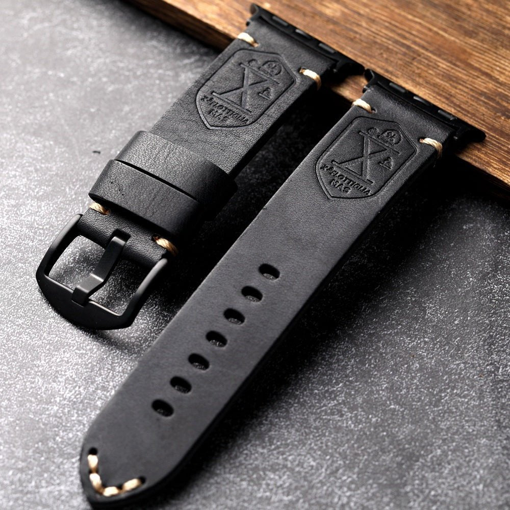 Full-grain leather Apple Watch bracelet, sturdy vintage finish, steel clasp, secure and comfortable fit, Anclède model
