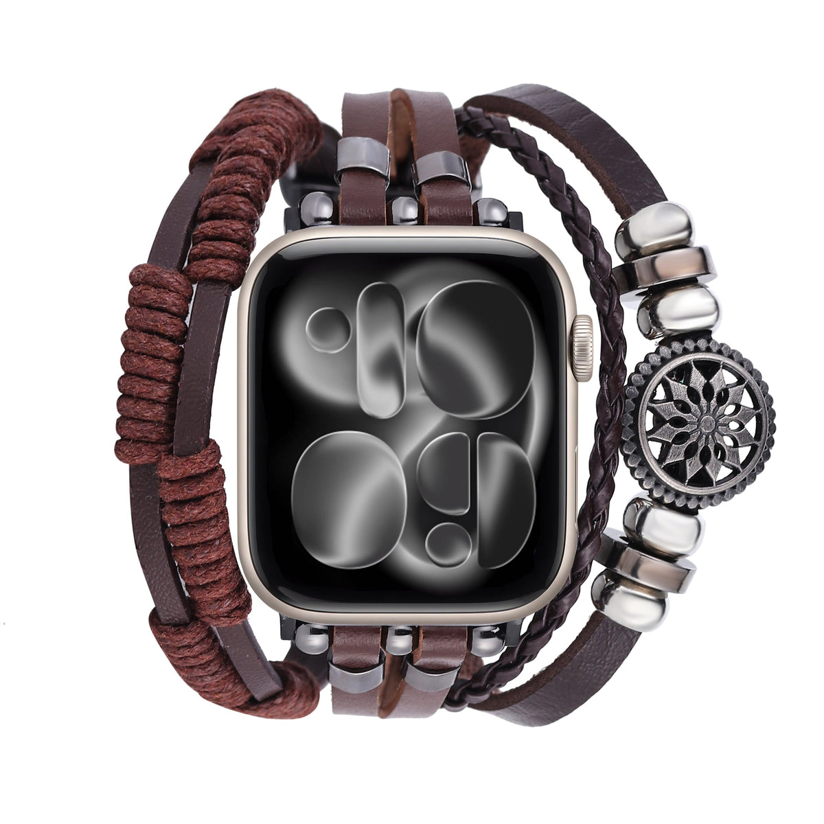 Men's Leather Apple Watch Bracelet, Multi-Strand Braided Design, Adorned with Lotus Flower, Adjustable Link Clasp, Vastir Model