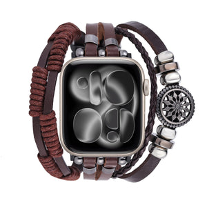 Bracelet Apple Watch en cuir pour homme, design multi-rangs tressé, orné d'une fleur de lotus, fermoir ajustable à maillons, modèle Vastir