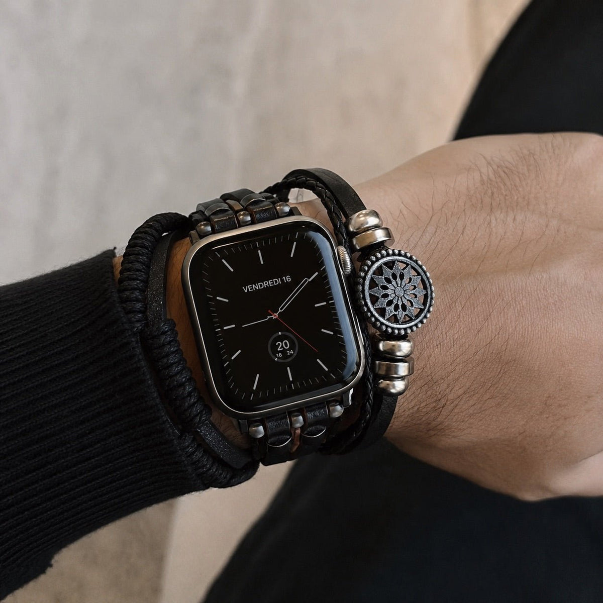 Men's Leather Apple Watch Bracelet, Multi-Strand Braided Design, Adorned with Lotus Flower, Adjustable Link Clasp, Vastir Model