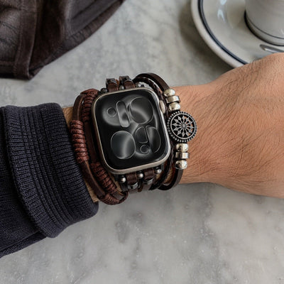 Men's Leather Apple Watch Bracelet, Multi-Strand Braided Design, Adorned with Lotus Flower, Adjustable Link Clasp, Vastir Model