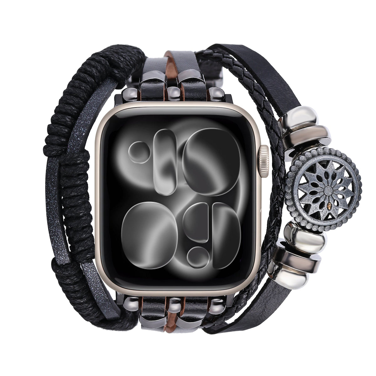 Men's Leather Apple Watch Bracelet, Multi-Strand Braided Design, Adorned with Lotus Flower, Adjustable Link Clasp, Vastir Model