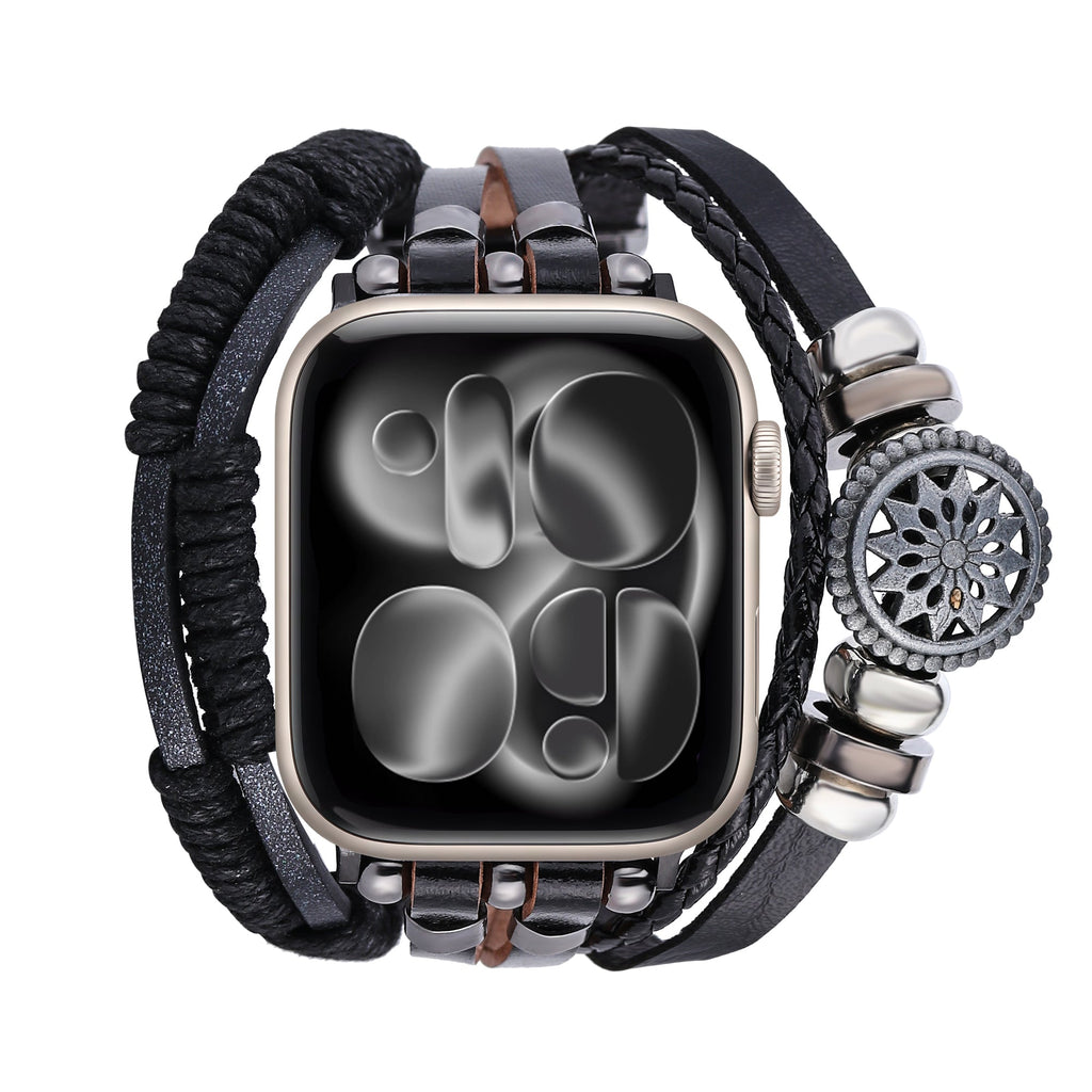 Bracelet Apple Watch en cuir pour homme, design multi-rangs tressé, orné d'une fleur de lotus, fermoir ajustable à maillons, modèle Vastir