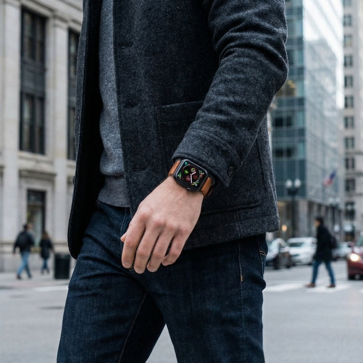 Bracelet Apple Watch, surpiqûres contrastées, boucle ardillon, style business, modèle Ernest