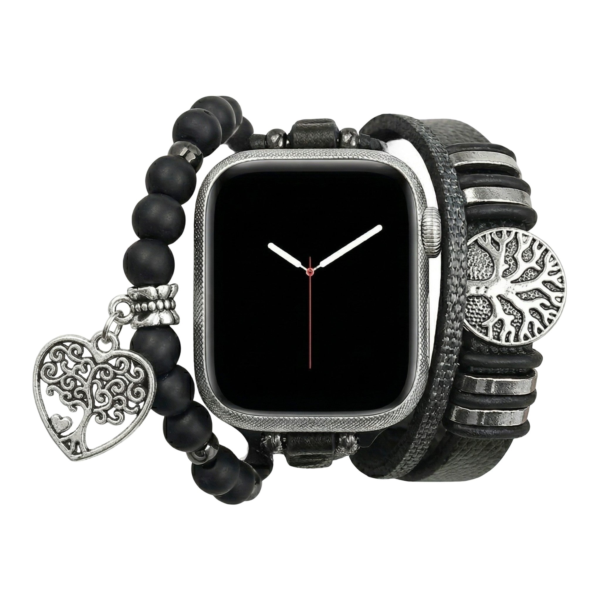 Bracelet Apple Watch en cuir véritable, perles d'onyx noir, motif arbre de vie, fermoir ajustable, accessoire mixte, modèle Aristide