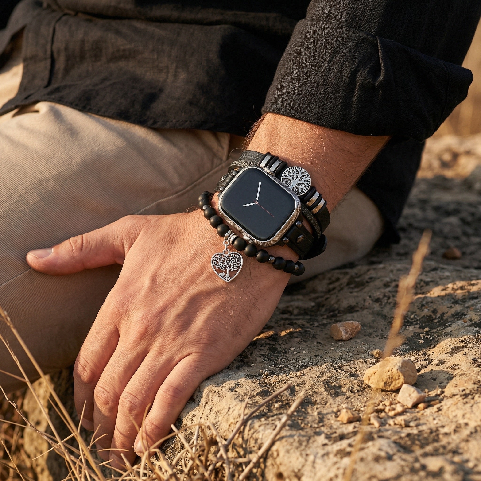 Genuine Leather Apple Watch Bracelet, Black Onyx Beads, Tree of Life Design, Adjustable Clasp, Unisex Accessory, Aristide Model