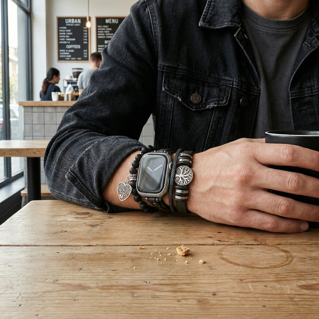 Genuine Leather Apple Watch Bracelet, Black Onyx Beads, Tree of Life Design, Adjustable Clasp, Unisex Accessory, Aristide Model