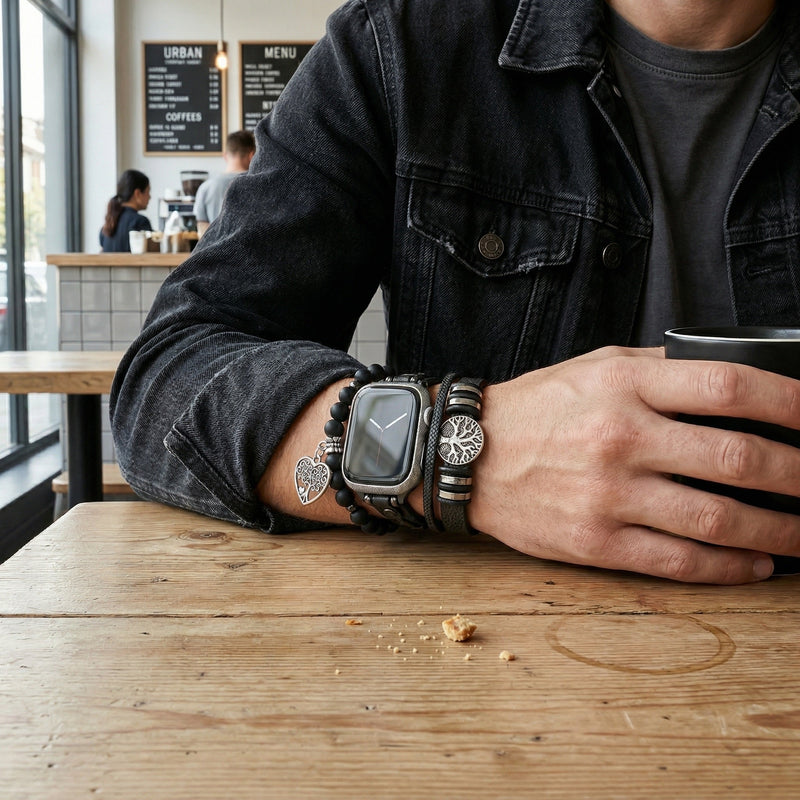 Genuine Leather Apple Watch Bracelet, Black Onyx Beads, Tree of Life Design, Adjustable Clasp, Unisex Accessory, Aristide Model