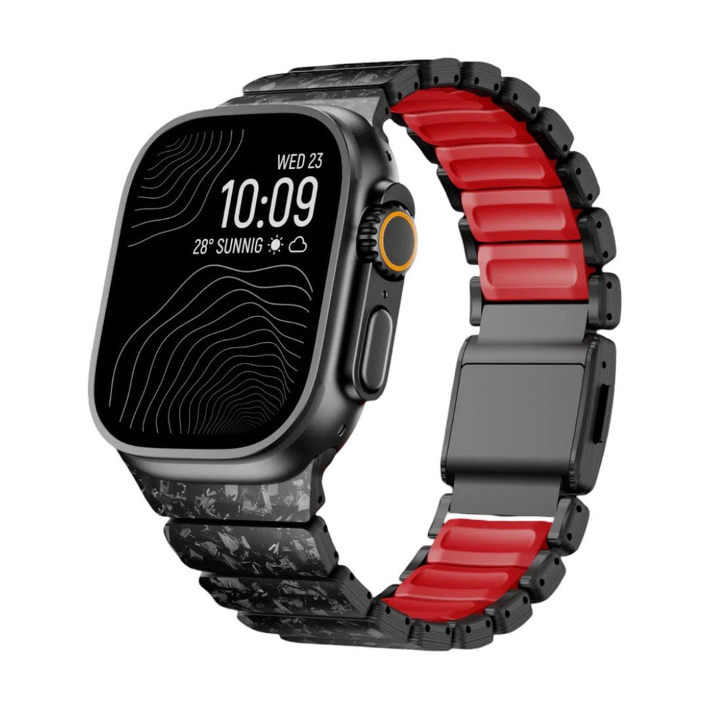 Bracciale per Apple Watch in fibra di carbonio nera e FKM, design tecnico testurizzato con chiusura magnetica di sicurezza, modello Rey