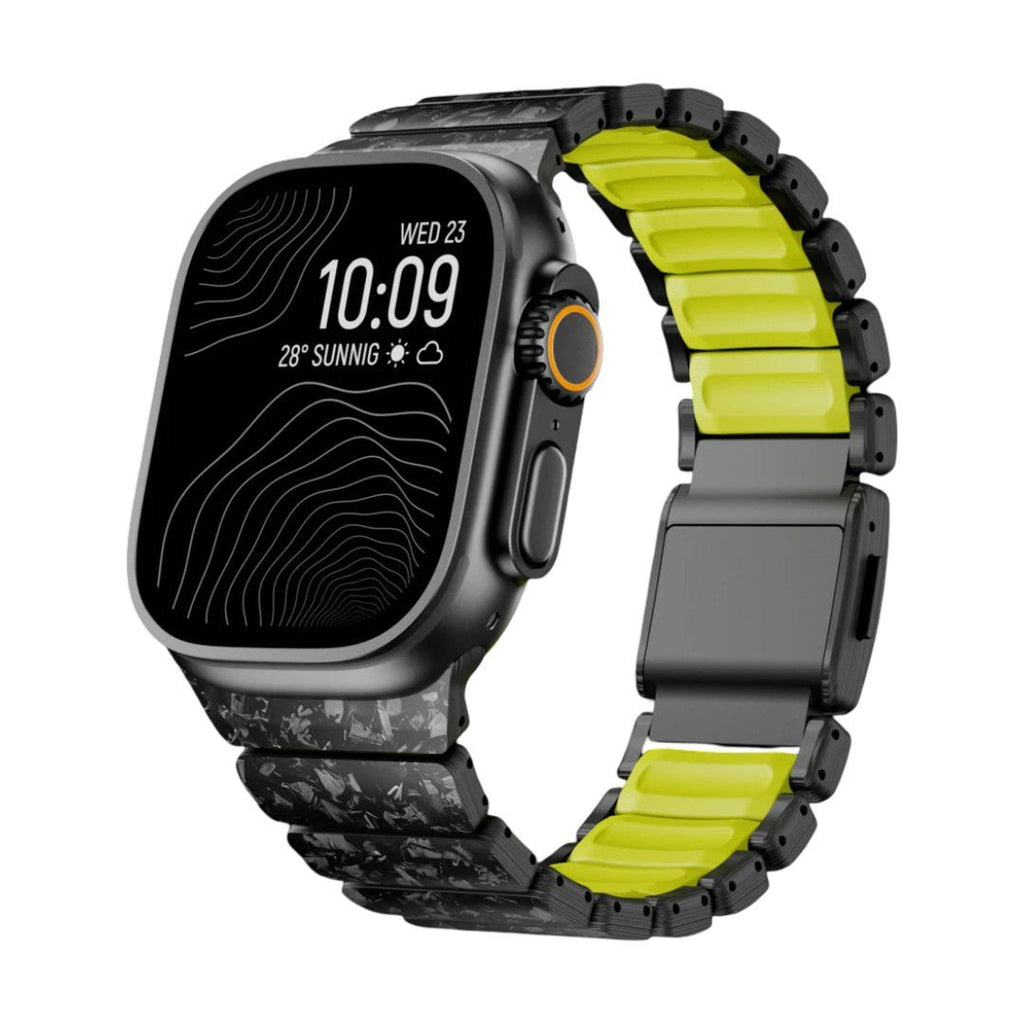 Bracciale per Apple Watch in fibra di carbonio nera e FKM, design tecnico testurizzato con chiusura magnetica di sicurezza, modello Rey