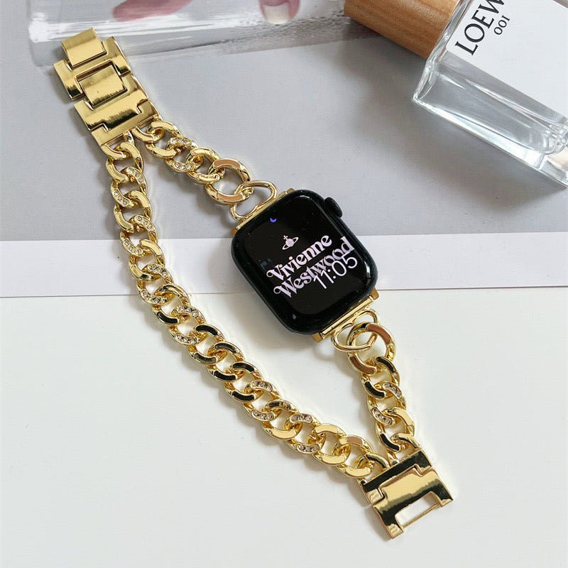 Apple Watch Bracelet in Double Cuban Link, Inlaid Rhinestones, Custom Finish, Phipa Model