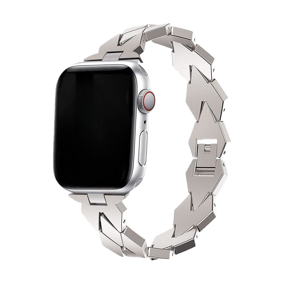 Bracelet Apple Watch en métal, maillons angulaires élégants, fermoir sécurisé invisible, finition haut de gamme, modèle Angla
