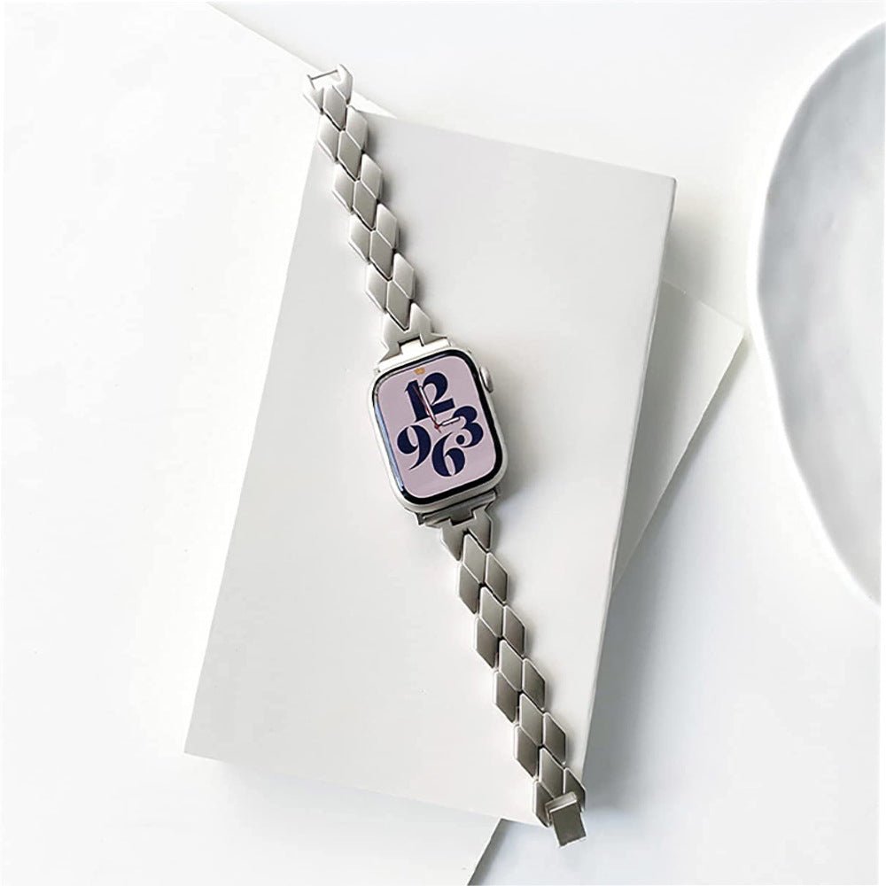 Apple Watch Bracelet with Geometric Links, Diamond Pattern, Butterfly Clasp, Angla Model