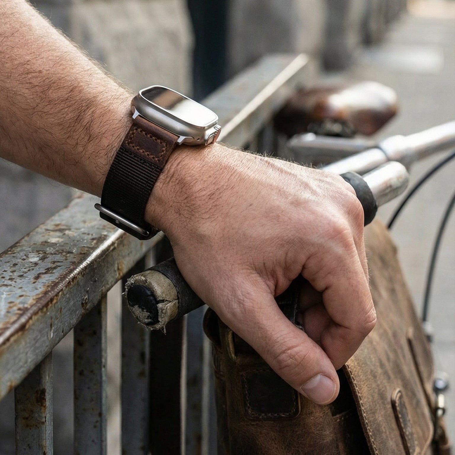 Tykt nylonarmbånd til Apple Watch med læderindsatser, behagelig pasform og markant udtryk, model Josua