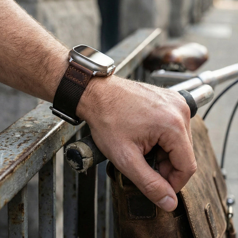 Tykt nylonarmbånd til Apple Watch med læderindsatser, behagelig pasform og markant udtryk, model Josua