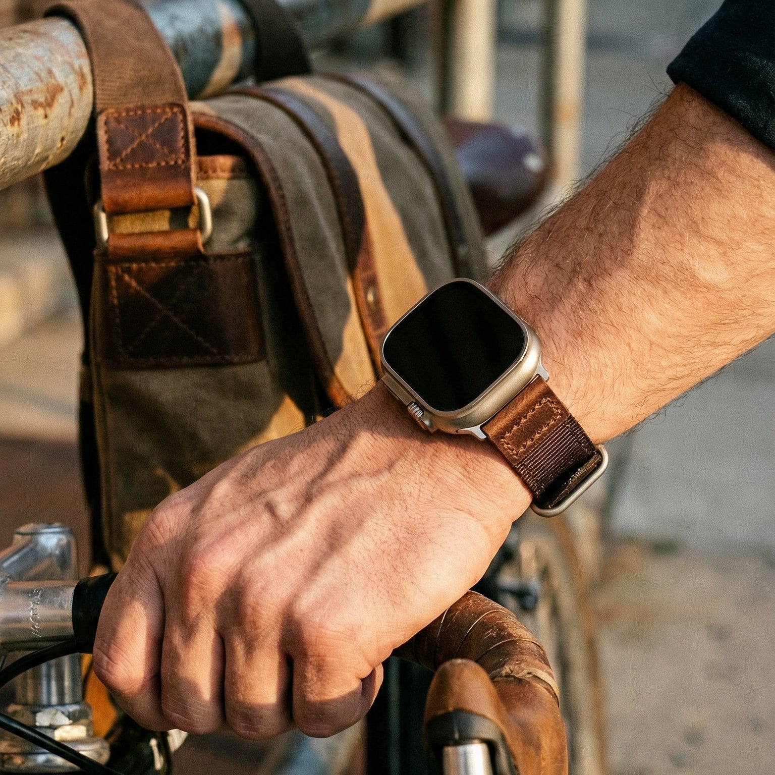 Tykt nylonarmbånd til Apple Watch med læderindsatser, behagelig pasform og markant udtryk, model Josua