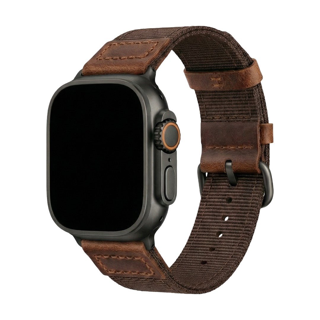 Tykt nylonarmbånd til Apple Watch med læderindsatser, behagelig pasform og markant udtryk, model Josua