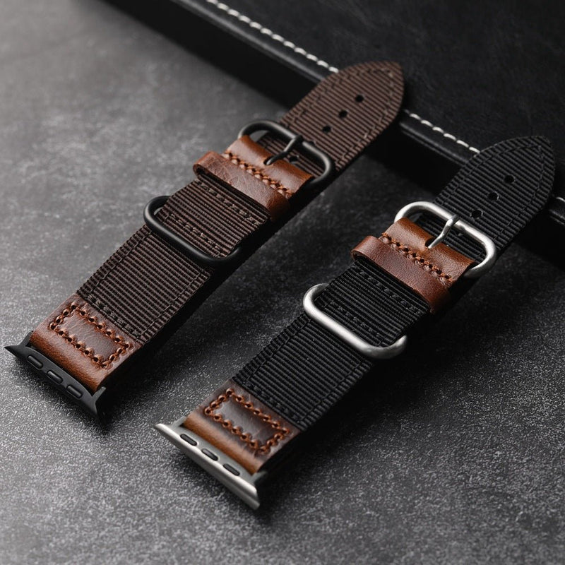 Tykt nylonarmbånd til Apple Watch med læderindsatser, behagelig pasform og markant udtryk, model Josua