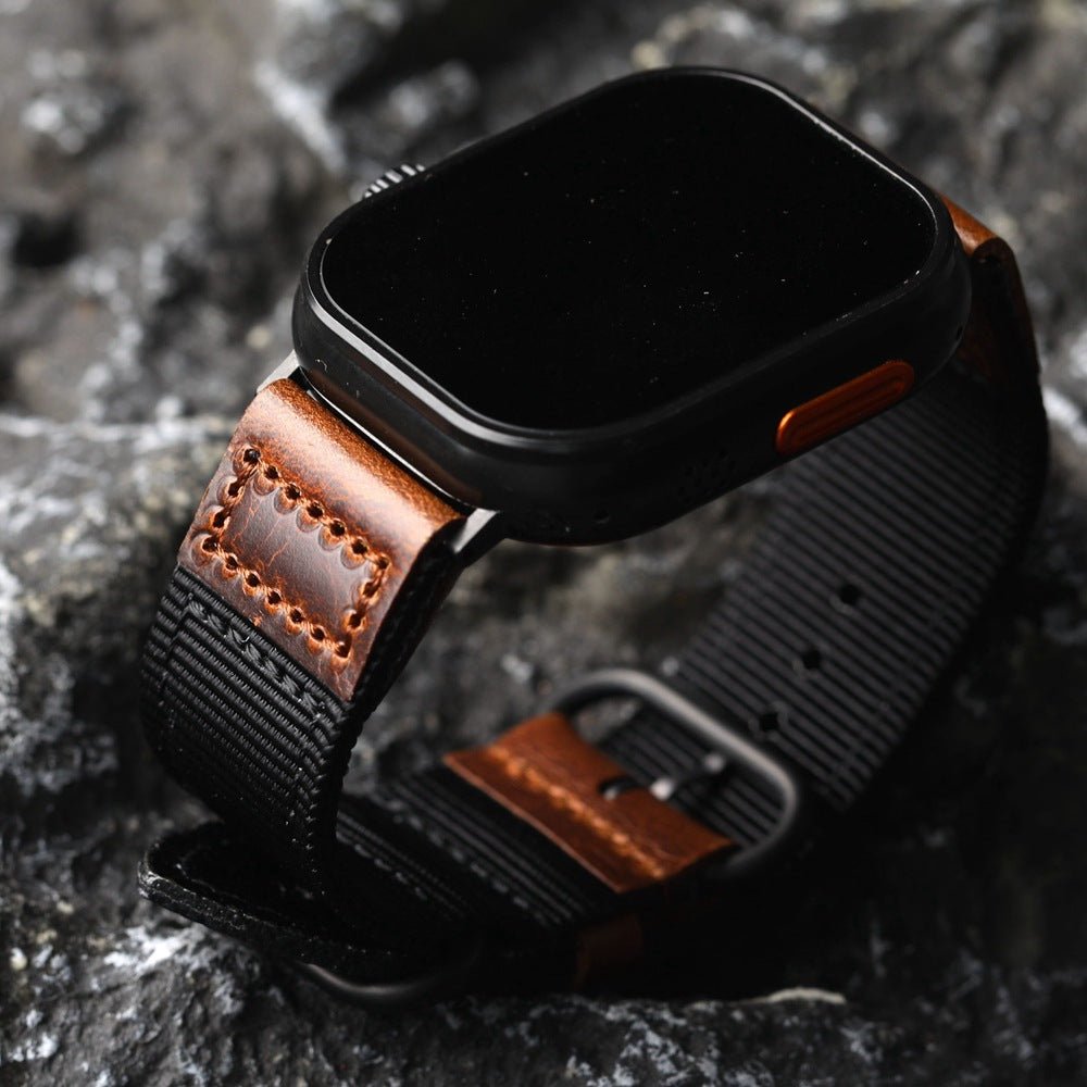 Tykt nylonarmbånd til Apple Watch med læderindsatser, behagelig pasform og markant udtryk, model Josua