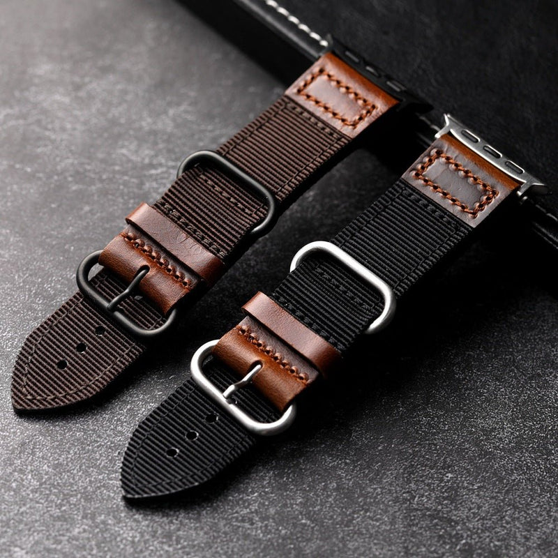 Tykt nylonarmbånd til Apple Watch med læderindsatser, behagelig pasform og markant udtryk, model Josua