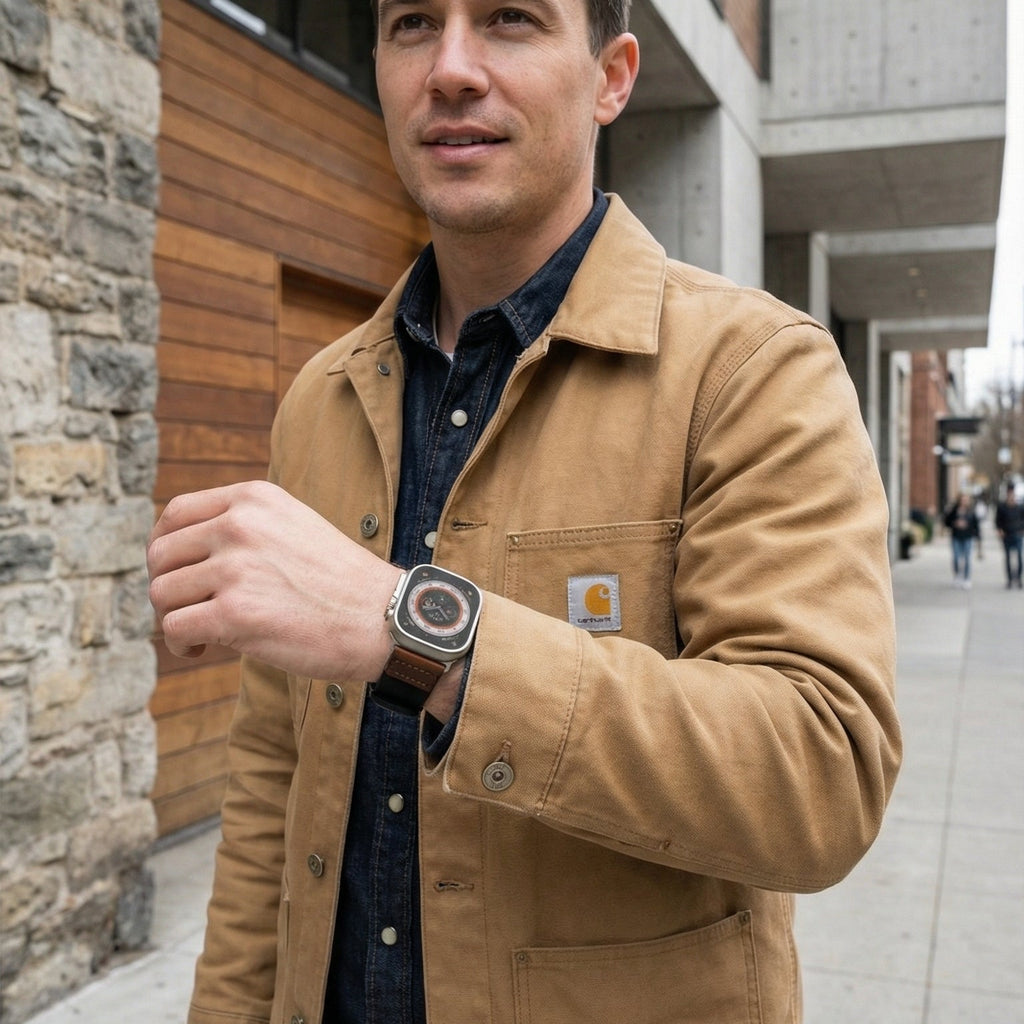 Tykt nylonarmbånd til Apple Watch med læderindsatser, behagelig pasform og markant udtryk, model Josua