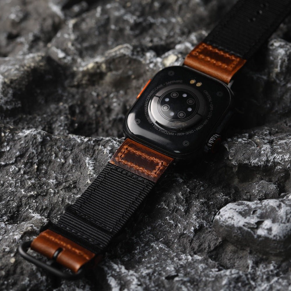 Tykt nylonarmbånd til Apple Watch med læderindsatser, behagelig pasform og markant udtryk, model Josua