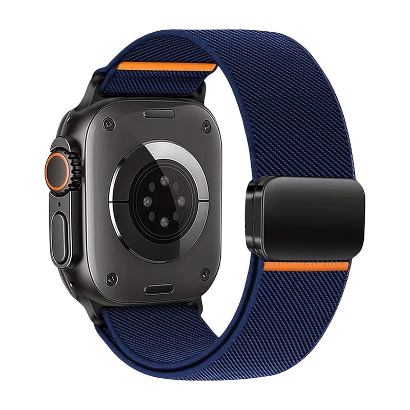 Bracelet pour Apple Watch en nylon bleu marine avec fermeture magnétique noire et détails orange.