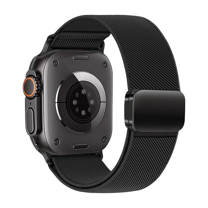 Bracelet Apple Watch en nylon noir respirant avec fermeture magnétique invisible et design ergonomique.