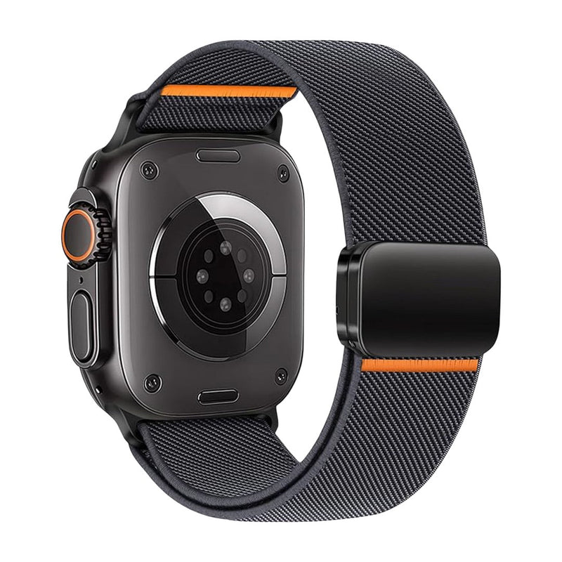 Bracelet Apple Watch en nylon noir avec boucle magnétique invisible et détail orange ergonomique.
