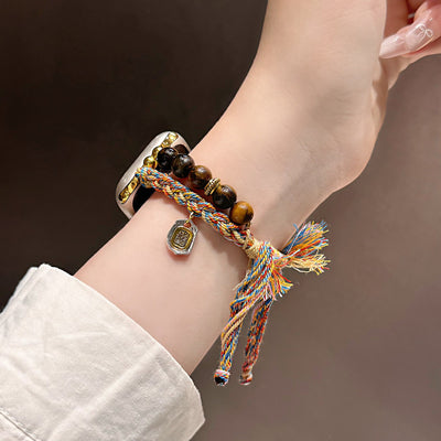 Natural Tiger’s Eye Apple Watch Bracelet, multicolored braided cord, gold charms, Tenzin model