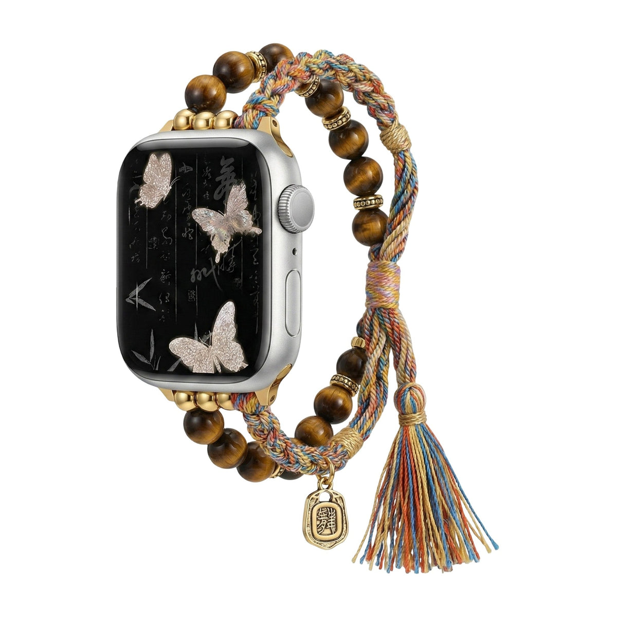Natural Tiger’s Eye Apple Watch Bracelet, multicolored braided cord, gold charms, Tenzin model